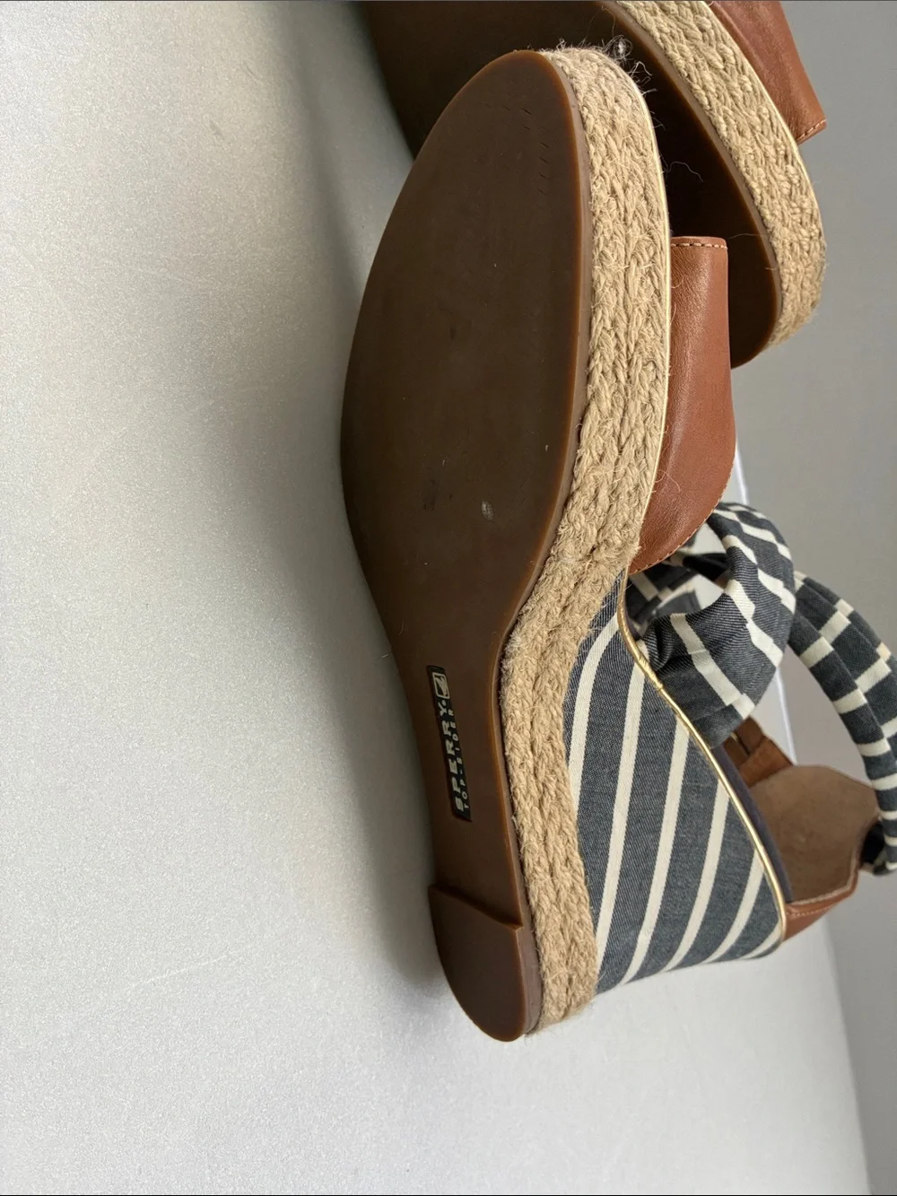 Sperry Navy Striped and Brown Leather Wedge Sandals